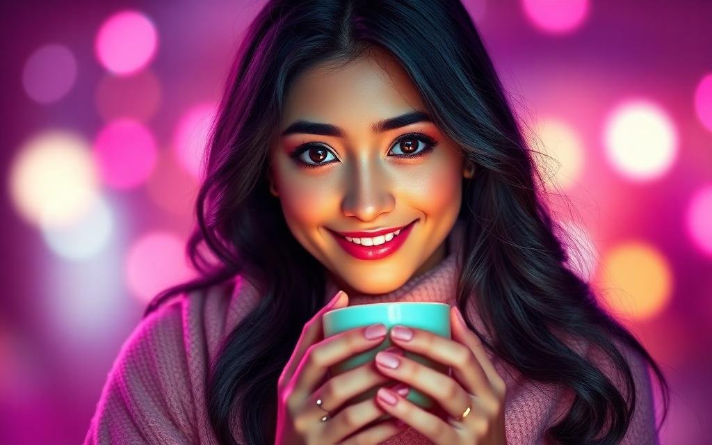 Ayesha holding a warm cup, listening