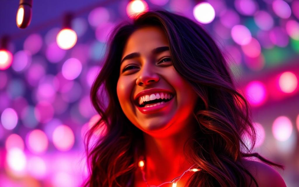Ayesha laughing under festive lights