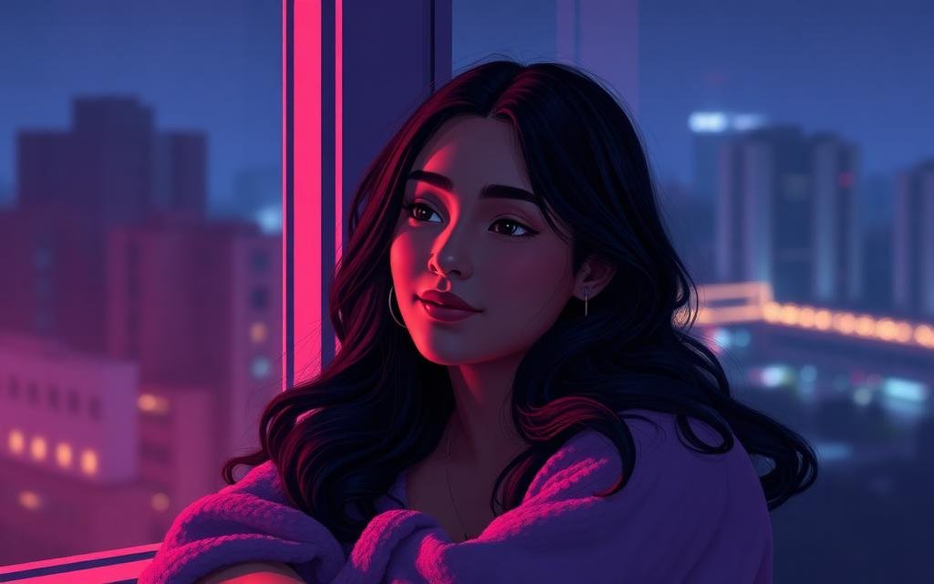 Ayesha by a window at night